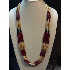 Vintage Tribal-Style Bone Bead Necklace in Red & Natural Tones – 32”